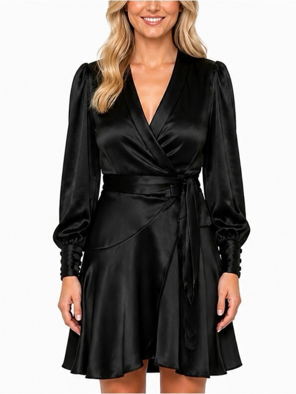 MAIN STRIP Black Satin Long Sleeve Wrap Mini Dress
